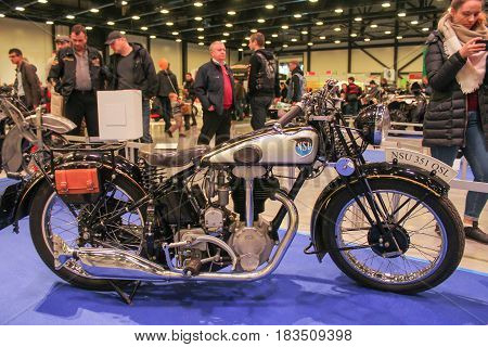 St. Petersburg Russia - 15 April, An old motorcycle with an original silencer,15 April, 2017.
International Motor Show IMIS-2017 in Expoforurum.
Motorcycles and motoconcepts presented at St. Petersburg Motor Show.