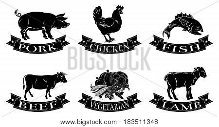 A set of food icons, packaging labels or menu illustrations for beef chicken fish pork lamb and vegetarian options