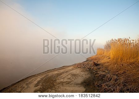 Morning on the river early morning reeds mist fog and water surface on the river