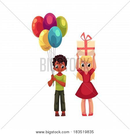 Black boy with bunch of balloons and blond girl holding birthday gift, cartoon vector illustration isolated on white background. Two kids, boy and girl, celebrating birthday, holding balloons and gift