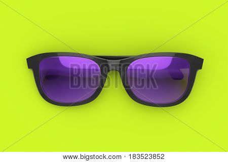 Purple and black sun glasses on vibrant green background. Color plastic sun protective spectacles. Summer holiday and beach concept. 3D illustration of sunglasses