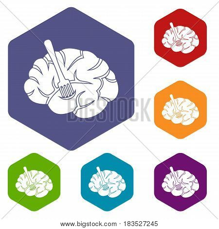 Fork is inserted into the brain icons set hexagon isolated vector illustration