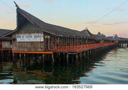 Semporna,Sabah-Apr 21,2017:View of Floating Resort in the morning at Semporna,Sabah,Borneo.Semporna is a gateway for diving & snorkeling trips to the islands of Sipadan,Mabul,Mataking,Maiga & others