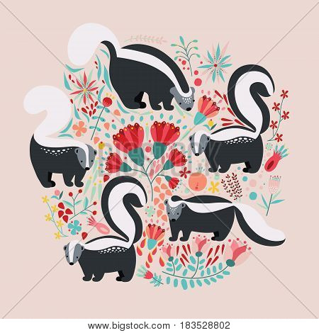 Illustration in flat style with cartoon floral elements, flowers and skunks. Cute colorful postcard design