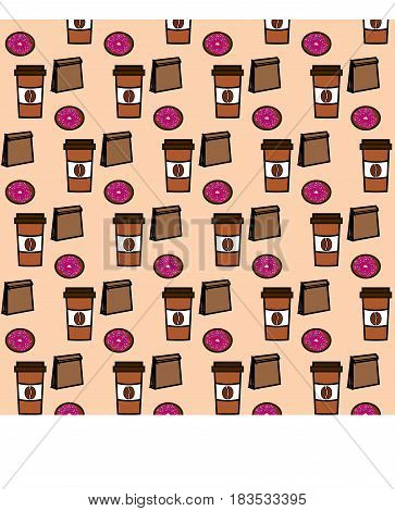 Seamless pattern with coffee takeaway, glazed donut and package with donuts on a beige background.