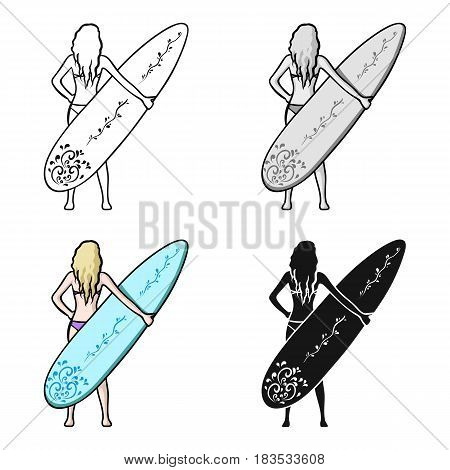 Girl is holding a surfboard icon in cartoon design isolated on white background. Surfing symbol stock vector illustration.
