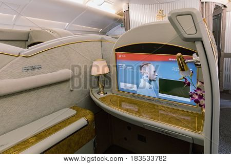 BANGKOK THAILAND - MARCH 7 2017 Interior first class of Airbus A380 largest passenger airliner in the world in Bangkok.