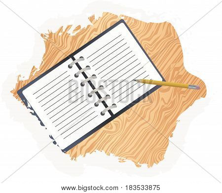 Illustration of an open notepad and pencil on the table