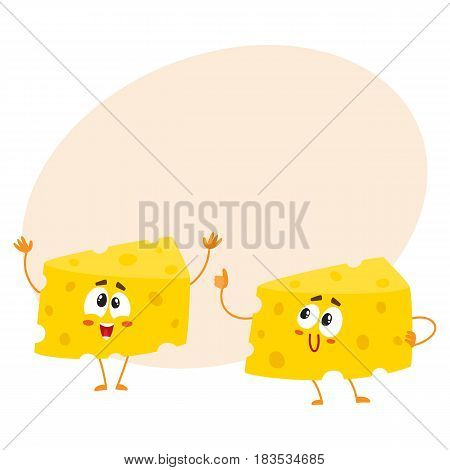Two funny cheese chunk characters, one showing thumb up, another greeting, good quality concept, cartoon vector illustration with space for text. Two funny cheese piece characters, mascots