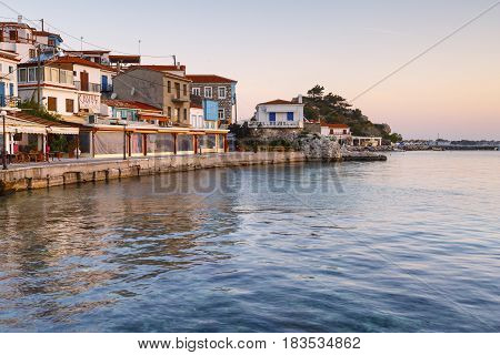 KOKKARI, GREECE - MARCH 24, 2017: Seafront of Kokkari village on Samos island, Greece on March 24, 2017.