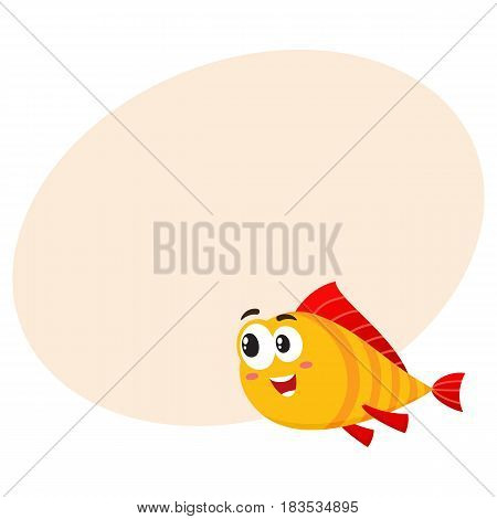 Cute, funny golden, yellow fish character with human face rushing, swimming somewhere, cartoon vector illustration with space for text. Yellow fish character, mascot interested in something
