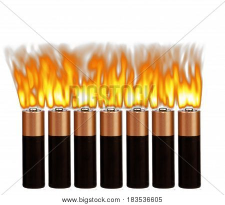 Fire on different batteries, on a white background, isolated