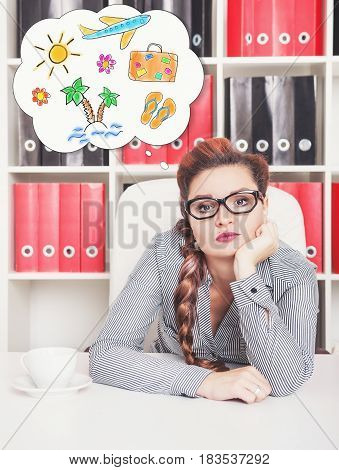 Bored Business Woman Dreaming About Holiday In Office