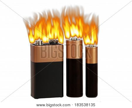 Fire on different batteries, on a white background, isolated