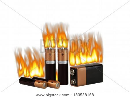 Fire on different batteries, on a white background, isolated