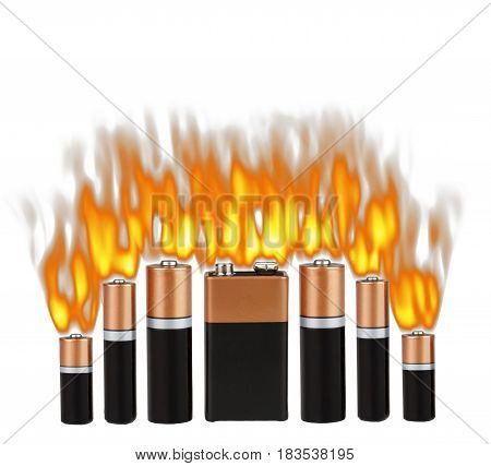 Fire on different batteries, on a white background, isolated