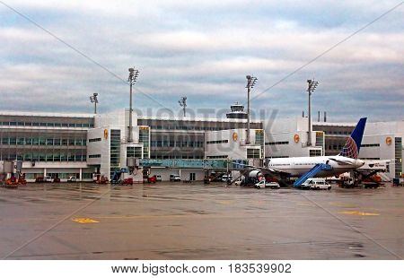 MUNICH, GERMANY -OCTOBER 17, 2013: The Flughafen Munich Airport (MUC), the second busiest airport in Germany, is a hub for Germain airline Lufthansa (LH)