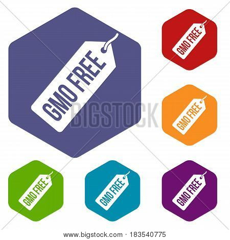 GMO free price tag icons set hexagon isolated vector illustration