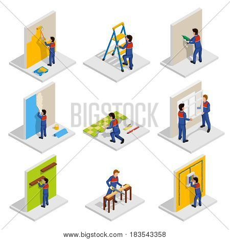 Renovation isometric icons set with paint and redecoration symbols isolated vector illustration