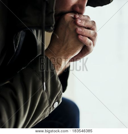 Thoughtful Homeless People Feeling Cold in Winter
