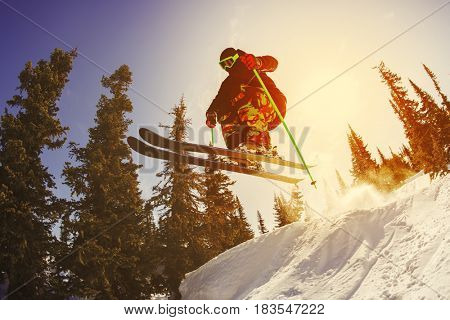 The skier jumps from a springboard in the ski resort of Sheregesh. Russia