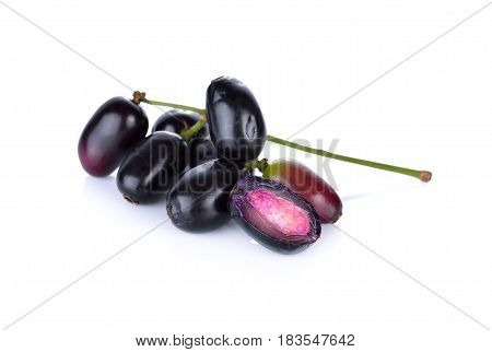 Jambolan plum or Java plum with stem on white background