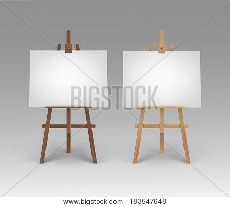 Vector Set of Wooden Brown Sienna Easels with Mock Up Empty Blank Horizontal Canvases Isolated on Background