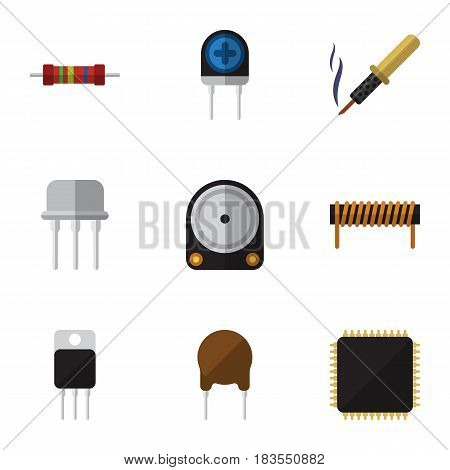Flat Electronics Set Of Hdd, Receiver, Bobbin And Other Vector Objects. Also Includes Transducer, Motherboard, Drive Elements.