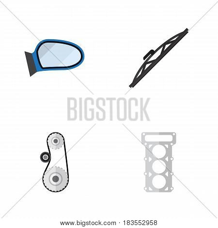 Flat Auto Set Of Packing, Windshield, Cambelt And Other Vector Objects. Also Includes Cambelt, Wiper, Belt Elements.