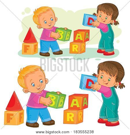 Vector illustration of a little girl and boy playing with cubes, older sister helping a younger brother build a tower of cubes. Print