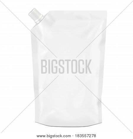 White Blank Doy Pack, Doypack Foil Food Or Drink Bag Packaging With Corner Spout Lid. Illustration Isolated On White Background. Mock Up Template Ready For Your Design. Product Packing Vector EPS10