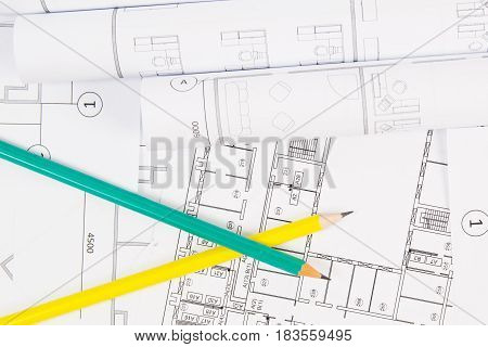 Architectural plan. Engineering house drawings pancil and blueprints.