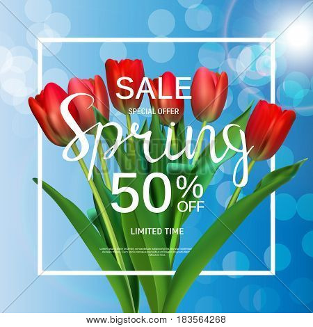 Floral Abstract Design Spring Sale Banner Template with Tulips Vector Illustration EPS10
