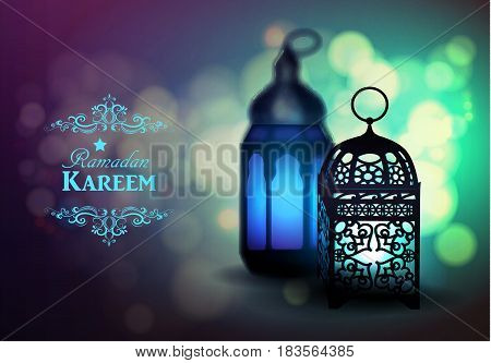 Intricate Arabic lamps with lights for Ramadan Kareem vector