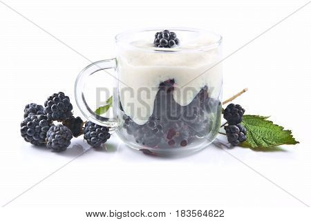Blackberries (Rubus fruticosus) dessert with cream in a glass