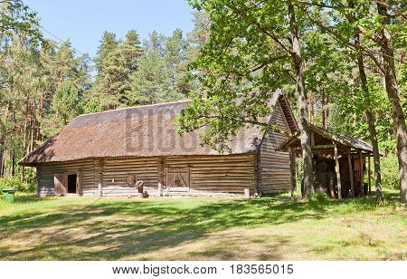 RIGA LATVIA - JUNE 13 2016: Threshing barn (erected in 1750s reconstructed in 1986) of Lupisi farmstead of Zemgale ethnic group. Exhibited in Ethnographic Open-Air Museum of Latvia since 1937