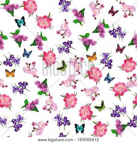 Very high quality original trendy vector seamless pattern with blooming lilac, peony and iris flower. Spring or summer design