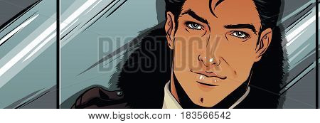Handsome man in the lift. Color vector illustration.