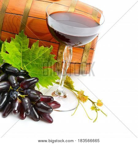 glass of wine and barrel isolated on white background