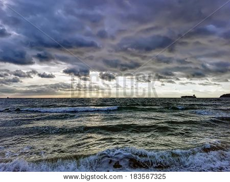 Photo of the beach early in the morning. Seascape.