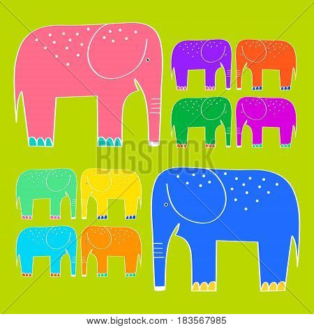 Colorful cartoon elephants on green background. Vector illustration