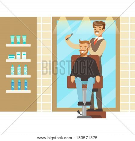 Male hairdresser brushing hair of bearded man. Hair salon or barbershop interior. Colorful cartoon character vector Illustration