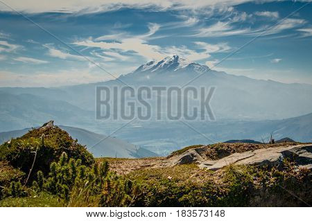 The foggy view of Cayambe volcano in Ecuador