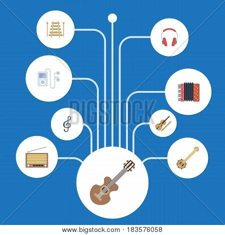 Flat Radio, Fiddle, Quaver And Other Vector Elements. Set Of Melody Flat Symbols Also Includes Orchestra, Banjo, Audio Objects.