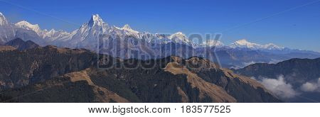 Autumn day in the Himalayas. Annapurna range seen from Mohare Danda Nepal.