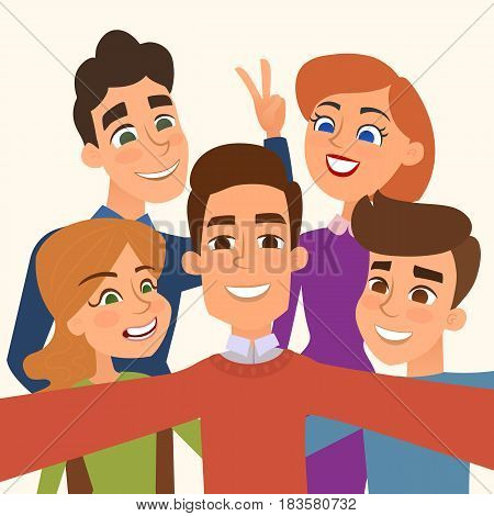 People group taking selfie photo . Friends take a picture. Vector illustration.
