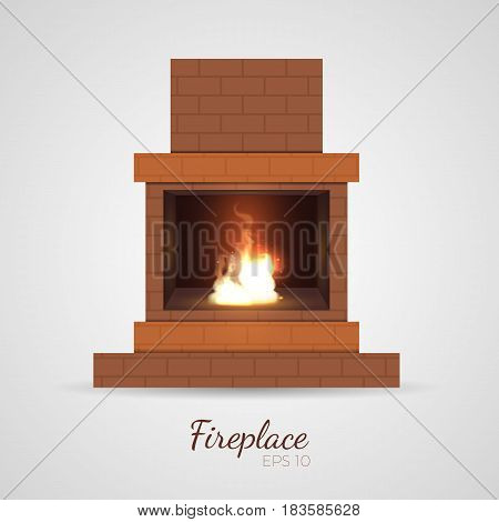 Living room fireplace. Cute and cozy burning flame inside brick frame construction. For christmas and postcards decoration. Vector illustration in realistic style, isolated on white baсkground.