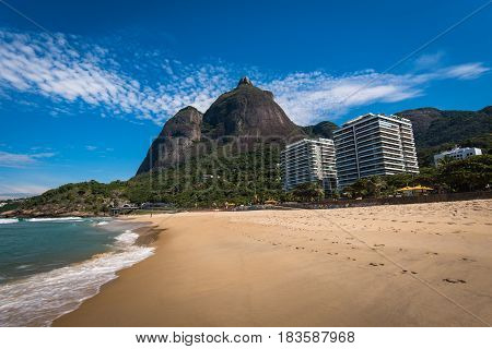 Beautiful Sao Conrado Beach View With Mountain Landscape and Luxury Apartment Buildings, Rio de Janeiro, Brazil