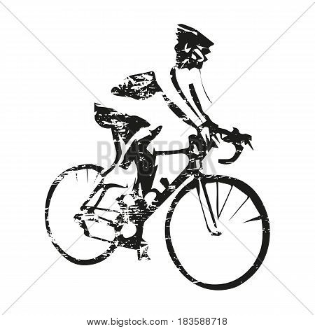 Road cycling scratched cyclist on bike abstract grungy vector silhouette