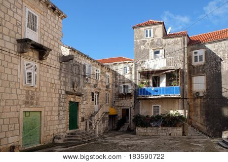 KORCULA, CROATIA - NOVEMBER 09: Square of the Holy Justine in Korcula old town, Croatia. Korcula is a historic fortified town on the island of Korcula. on November 09, 2016.